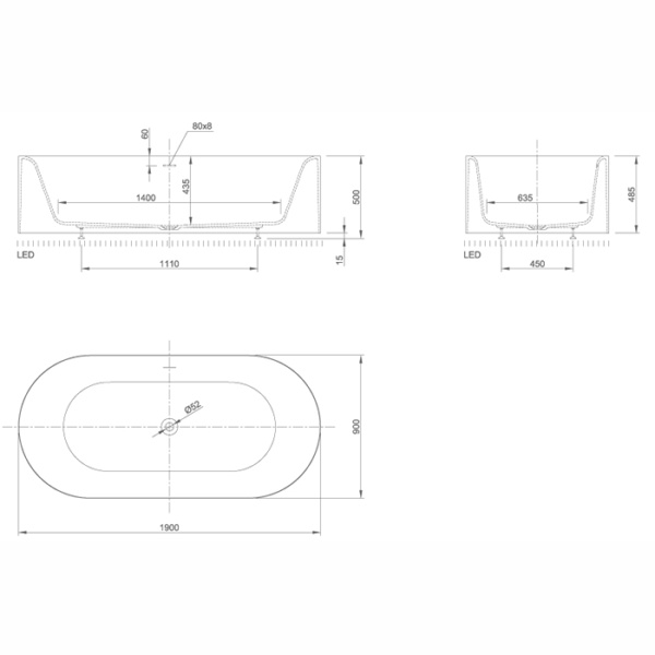 KNIEF Moon ванна отдельностоящая 190x90x50 cm, c встроенной LED подсветкой ,с  слив переливом , цвет белый матовый 