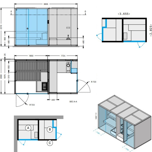 Effegibi BodyLove SH  365x202xh220 см, размещение в угол S.X., отделка сауны термообр. древесина, хаммам и наружные стены без отделки 