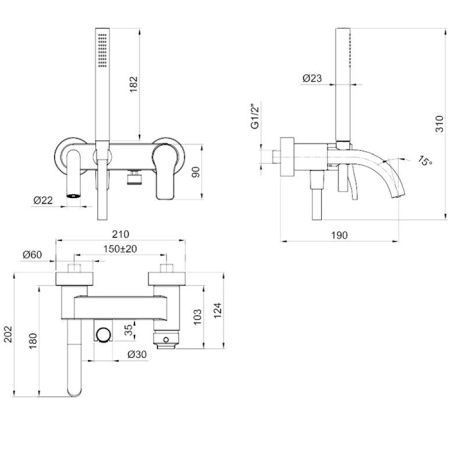 Fantini AL/23 Смеситель для ванны, настенный, излив 190мм, цвет: хром 