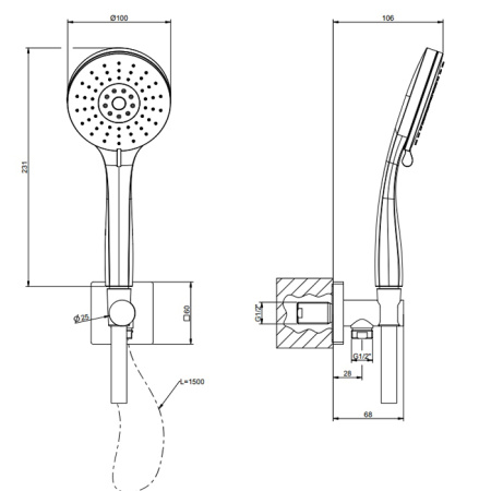 Gessi Emporio Emporio shower Душевой комплект: вывод воды, держатель, шланг 1,50 м и  3-позиционная душевая лейка с защитой от изв. налёта, цвет: Chro 
