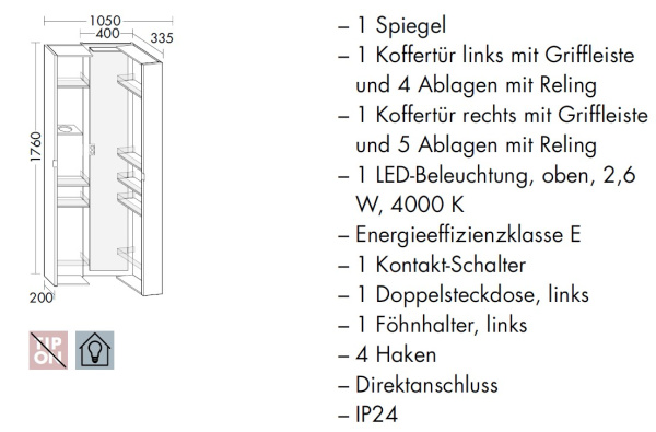 BURGBAD SYS30 Шкаф 400х335х1760 мм, подвес, 1 LED 4000K IP24, 2 створки с полками, держ фена, зеркало, 2 розетка внутри, ручки хром, цв белый матовый 