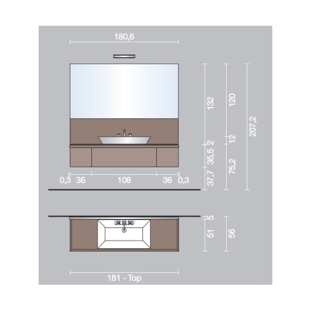 VITAGE milldue edition Four Seasons Тумба под раковину 1808х555х354 мм., 3 ящика, 2 боковые стенки, профиль сталь, цвет глянцевый Agata 