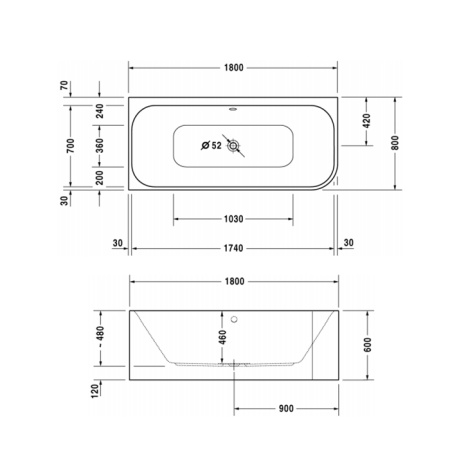 DURAVIT Happy D2 Ванна 1800х800 мм, угол слева  вариант с двумя наклонами для спины, с интегр акрилов панелью и ножками, цвет белый 