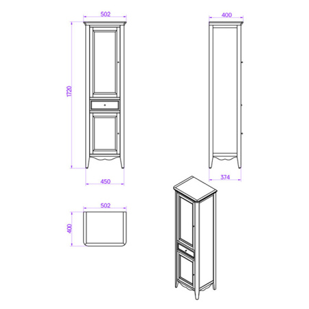 TW Veronica, Колонна 50.2/45*40/37.4*h172см, 1выдв.ящик, 2 распашные дверки, доводчики Blum (петли справа-DX), цвет: VINTAGE, ручки: Riflesso бронза 