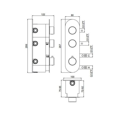 Carimali ILTONDO Внешняя часть вертикальная  термостатического смесителя с 2 запорными вентилями,цвет хром 