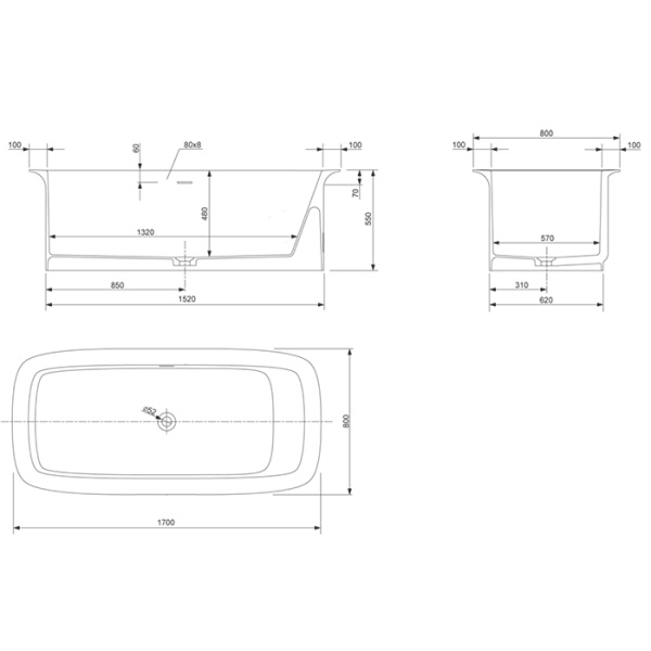 KNIEF Glam ванна отдельностоящая  170х80x55 cm, с сливом-переливом , цвет белый глянцевый 