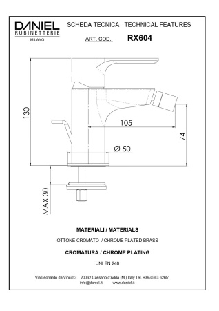 Daniel Reflex, однорычажный смеситель для биде с донным клапаном, цвет зачищенный никель 
