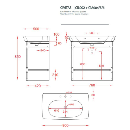 Artceram CIVITAS Структура металлическая Quadra для раковины 90см , полка решетка металлическая, цвет хром 