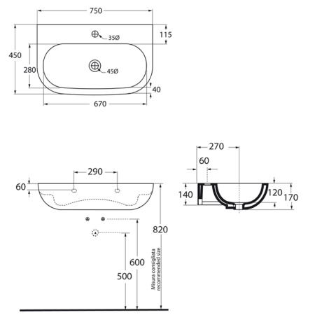 AZZURRA NUVOLA Раковина с 1 отв под смеситель 75х45см, цвет белый 
