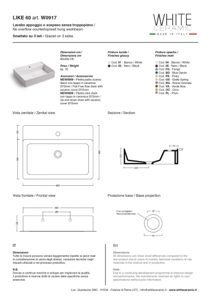 White Ceramic Like, накладная/подвесная прямоугольная раковина с отверстием п/с 60x46x13h см, цвет белый глянцевый 
