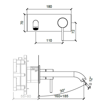 ALMAR Смеситель для раковины н встраиваемый на пластине, излив 160-185 мм, внешняя часть, цвет хром 