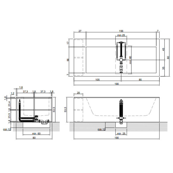 ANTONIO LUPI BIBLIO Ванна прямоугольная (4 стороны) 1900х800х535 мм., с нажимным донным клапаном, Corian, ванна белая, отделка Rovere naturale 