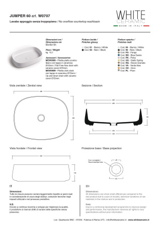 White Ceramic Jumper, накладная прямоугольная раковина 60x40x13h см в комплекте с донным клапаном, цвет белый глянцевый 