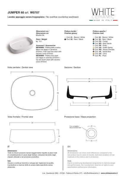 White Ceramic Jumper, накладная прямоугольная раковина 60x40x13h см в комплекте с донным клапаном, цвет белый глянцевый 