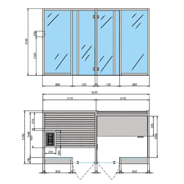 Effegibi Yoku SH Glass Сауна&Хаммам 342x170h214см, пристенная, цвет: сауна чёрный орех/Calacatta Gold Extra 