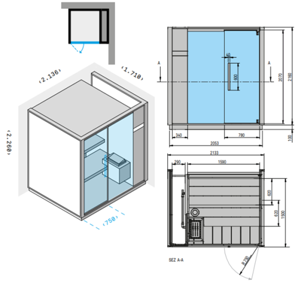 Effegibi One S Сауна угловая R.H., DX, 214x171xh226см, отделка: Soft Sand 