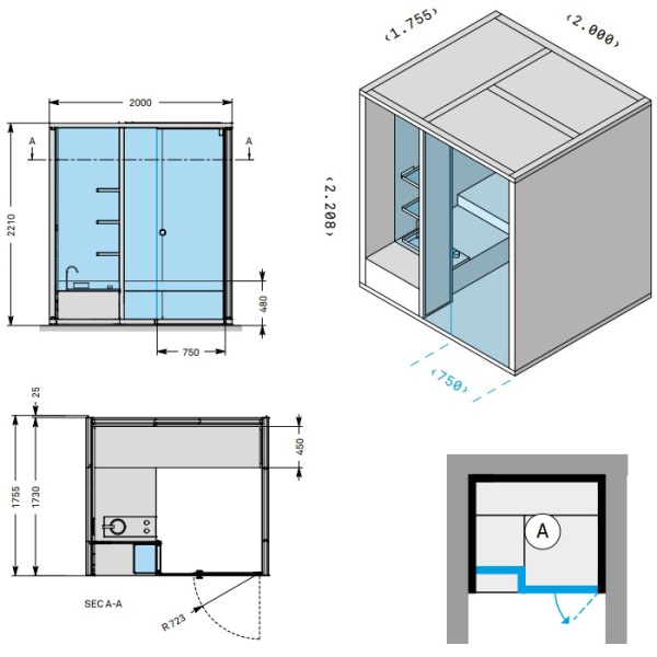 Effegibi BodyLove H Хаммам 200x176xh220 см, размещение в нишу L.H., отделка керамогранит Champagne 