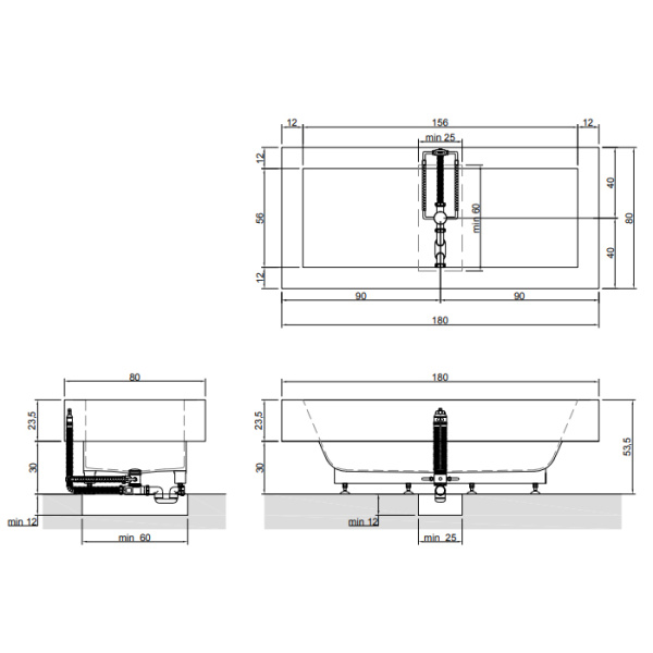Antonio Lupi Biblio Ванна полувстраиваемая 180х80х53.5 см, с регулируемыми ножками и нажимным донным клапаном (хром), мат-л: Corian, цвет: белый 