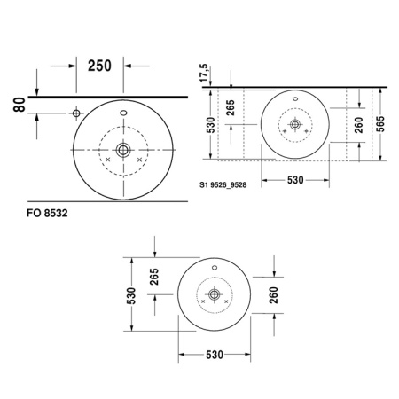Duravit Раковина накладная  круглая 530мм, без отв под смеситель, с переливом, цвет белый 