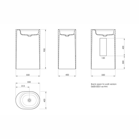 KNIEF Pearl Раковина отдельностоящая  50х40х90 см  без перелива, цвет белый матовый (слив в пол) 