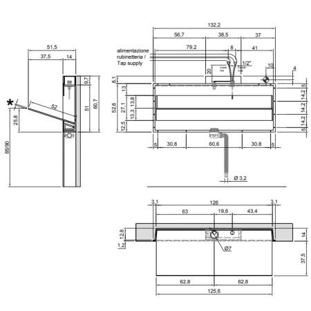 ANTONIO LUPI BATTIGIA Раковина встраиваемая в стену 1260х515х607мм, с подсветкой, смеситель, донный клапан, сифон, Corian, стекло прозрачн, цвет белый 