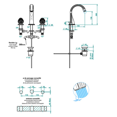 THG MARQUISE BLANC DECOR PLATINE Смеситель для раковины на 3 отверстия, с донным клапаном, ручки белые, декор платина, цвет хром 