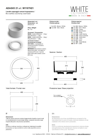 White Ceramic Adagio, накладная круглая раковина Ø40x24,5h см, с накладкой, донным клапаном и керамическим кольцом Ø42 см, цвет белый глянцевый 