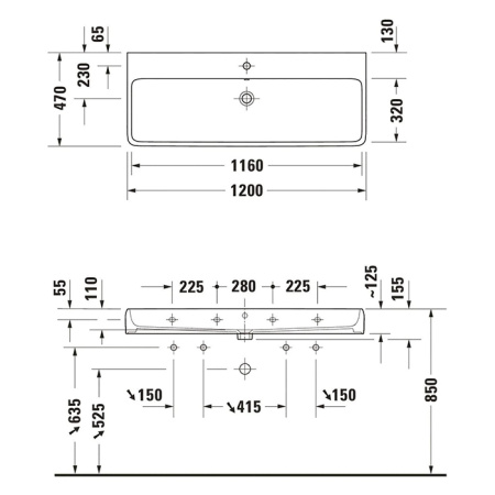 Duravit  Qatego Раковина накладная/подвесная 1200х470х125 мм, с 1 отв под смеситель, цвет белый 