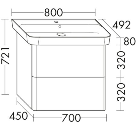 Burgbad Iveo База подвесная с керамическим умывальником с 1 отв под смес. 800х492х721 мм.2 выдв ящика, сифон в компл.подсветка F2833 белый глянц 