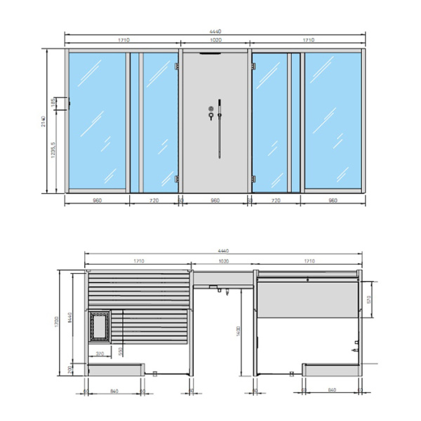 Effegibi Yoku Spa Glass Сауна&Хаммам 444x170h217см, пристенная, цвет: сауна чёрный орех/Fior di Bosco Tortora 