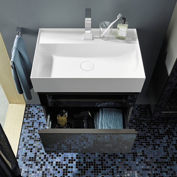 Burgbad Yumo База с  умыв  665х640х470 мм. 2 выдв ящика с ручкой желобком., со стекл.вставкой.  c 1 отв под смес ,  цвет серый 