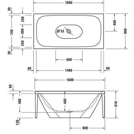 Duravit XViu Ванна отдельностоящая 1600х800мм, акриловая бесшовная панель, слив-перелив,, цвет: матовый черный 