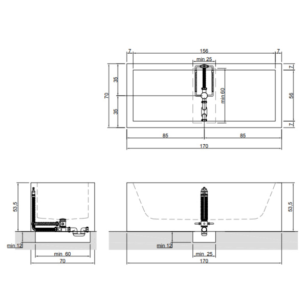 ANTONIO LUPI BIBLIO Ванна пристенная (2стороны) 170х70х53.5 см, с сифоном и ,ножками и донным клапаном (хром), мат-л: Corian, цвет: белый 