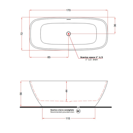 Gruppo Treesse Brio Ванна отдельностоящая 170х72х56 см из искусственного камня, донный клапан белый, ванна цвет белый глянец 