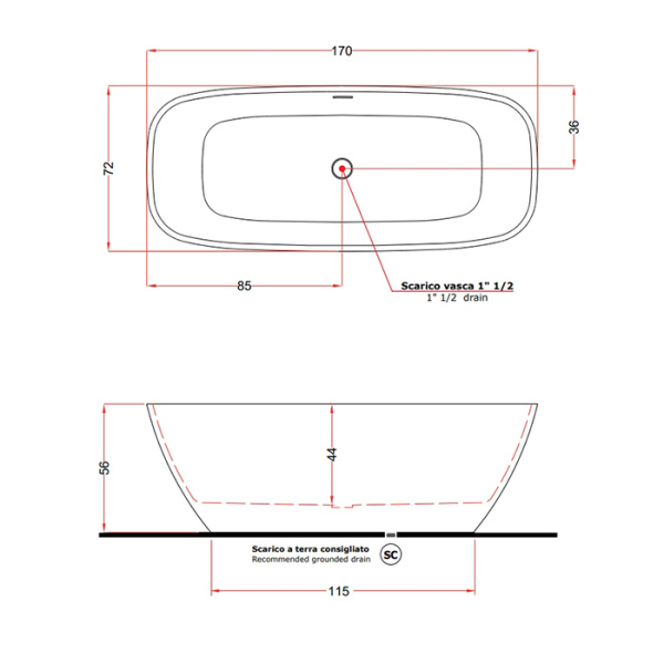 Gruppo Treesse Brio Ванна отдельностоящая 170х72х56 см из искусственного камня, донный клапан белый, ванна цвет белый глянец 