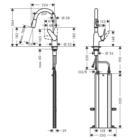 HG Focus M42 Кухонный смеситель на 1 отв, однорычажный, поворотный излив 224мм с вытяжным душем, 2jet, h183мм, sBox, цвет: хром 