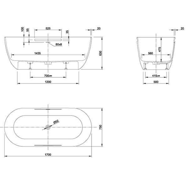 KNIEF Lotus Selected Ванна отдельност  170х75х63 см, с перелив и выпуск Click-Clack хром, с ручками, цвет: бел.матов 