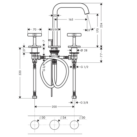 AX Citterio E 3 отвер. смес для раков , цвет шлифованный никель 