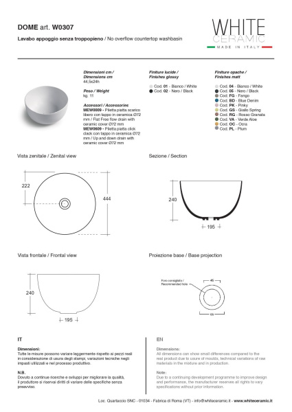White Ceramic Dome, накладная круглая раковина Ø44,5x24h см, цвет белый глянцевый 
