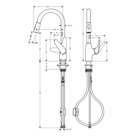 HG Focus M42 Кухонный смеситель на 1 отв, однорычажный, поворотный излив 224мм с вытяжным душем, 2jet, h134мм, цвет: под сталь 