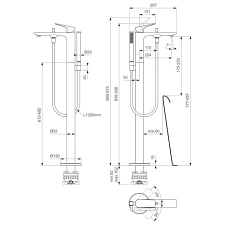 Ideal Standard La Dolce Vita Смеситель для ванны, напольный, с ручным душем, без A6133NU, цвет: PVD Silver Storm 