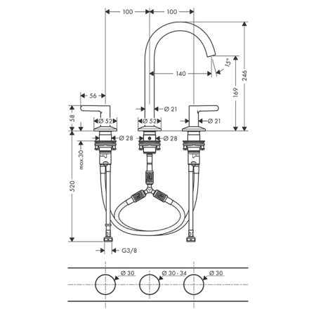 AX One Смеситель для раковины 170, 3 отв., p-open,  , цвет шлифованный никель 