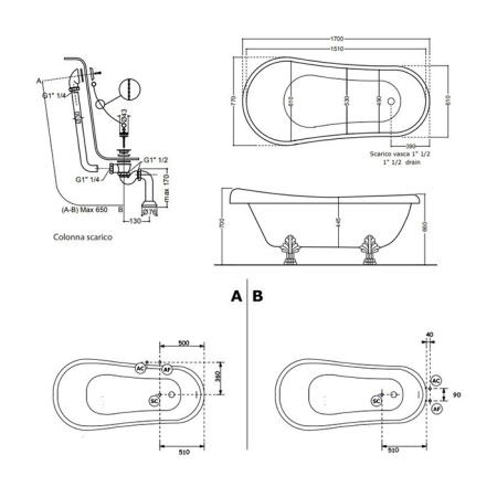 KERASAN Retro Ванна акриловая 170х77см, цвет белый, ножки, сифон и слив-перелив в комплекте, цвет  хром 