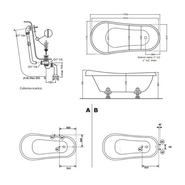 KERASAN Retro Ванна акриловая 170х77см, цвет белый, ножки, сифон и слив-перелив в комплекте, цвет  хром 