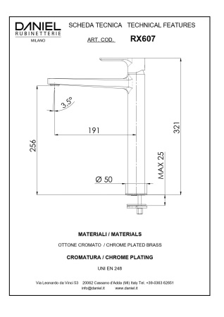 Daniel Reflex, высокий однорычажный смеситель для раковины (излив 22,7 см), с донным клапаном click-clack, цвет зачищенный никель 