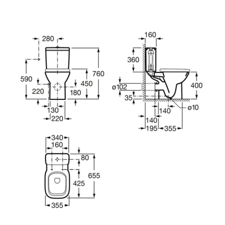 Roca DEBBA Унитаз-моноблок напольный 355x655x400 мм, с горизонтальным выпуском, белый (734299700Y) (СЦ по Акции) 