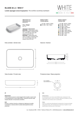 White Ceramic Blade, накладная прямоугольная раковина 65x40x11,5h см, цвет фанго матовый 