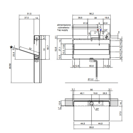 ANTONIO LUPI BATTIGIA Раковина встраиваемая в стену 900х515х607мм, с подсветкой, смеситель, донный клапан, сифон, Corian, стекло прозрачно, цвет белый 
