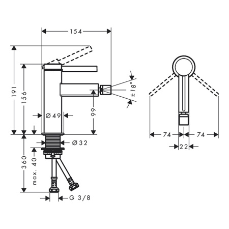 HANSGROHE FINORIS Смеситель для биде на 1 отверстие, однорычажный, с донным клапаном, цвет черный матовый 