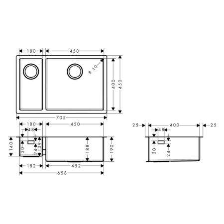 HG S71 S719-U655 Мойка для монтажа под столешницу 180/450, нерж. сталь 